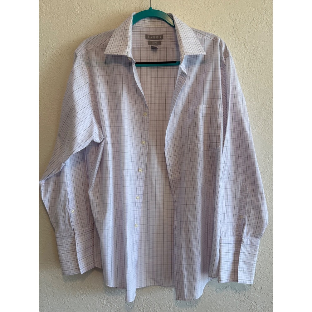 Van Heusen Mens Fitted Dress Shirt 16.5 32/33 Purple Graph Check Wrinkle Free